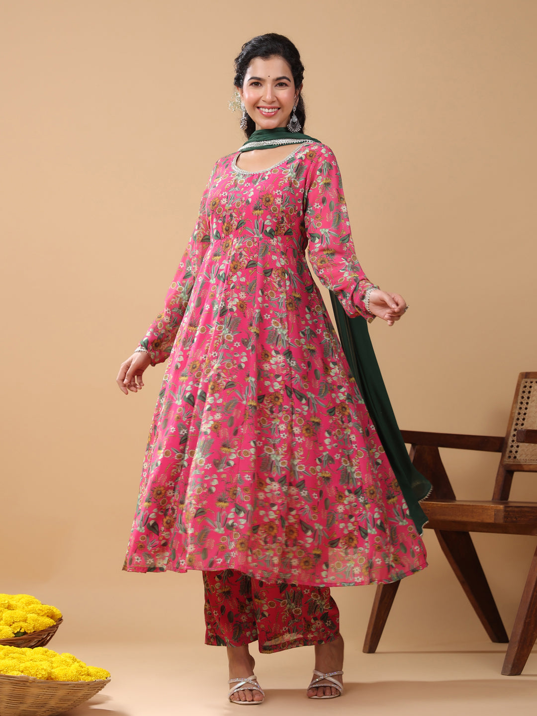 Pink Georgette Digital Floral Printed Kurta with Palazzo and Dupatta