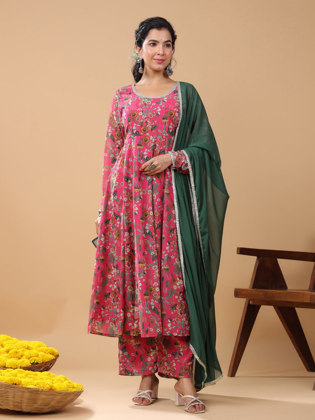 Pink Georgette Digital Floral Printed Kurta with Palazzo and Dupatta