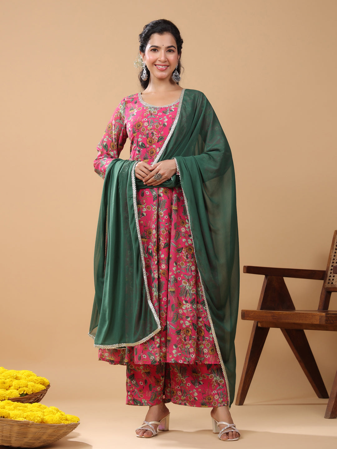 Pink Georgette Digital Floral Printed Kurta with Palazzo and Dupatta