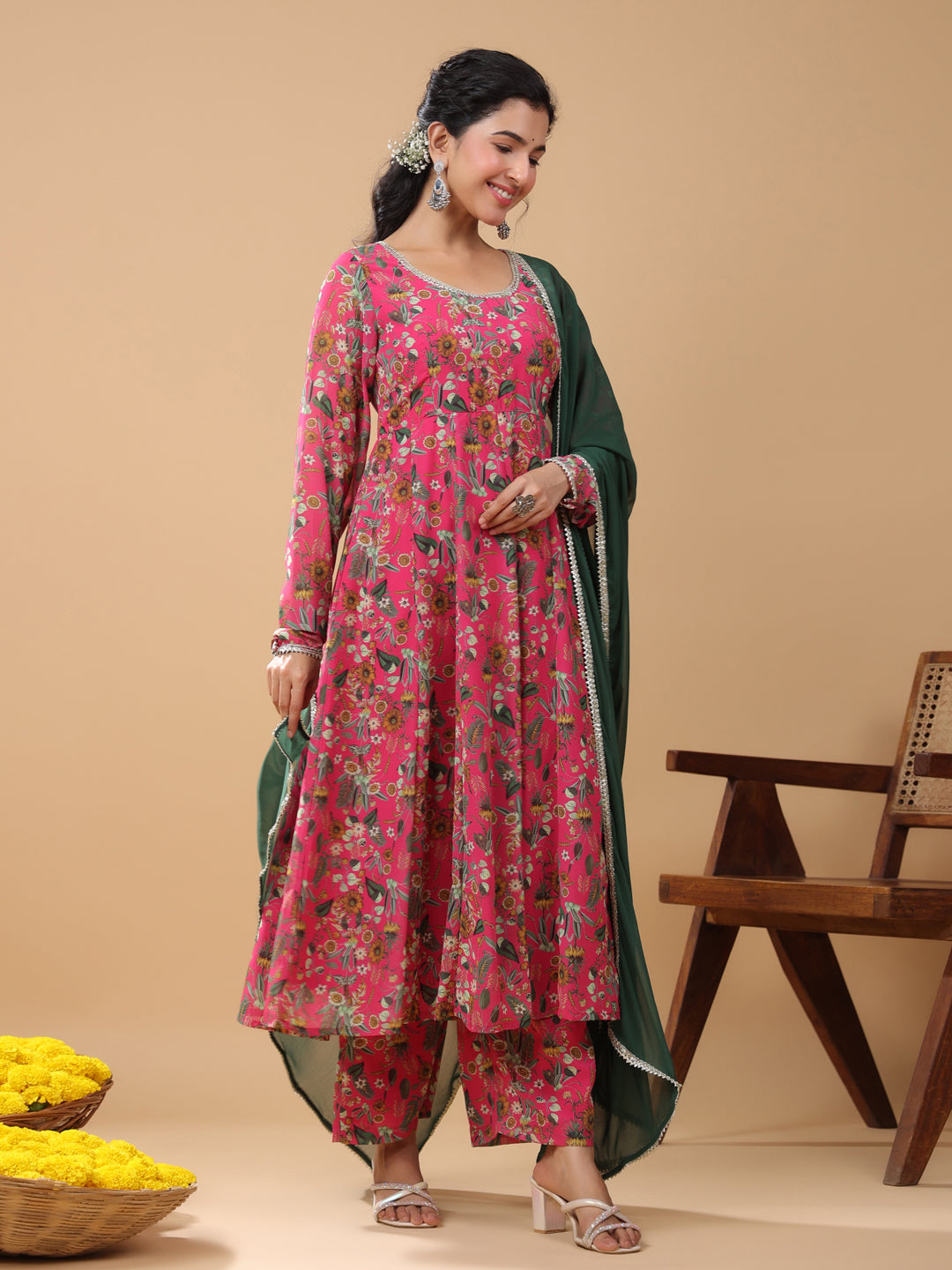 Pink Georgette Digital Floral Printed Kurta with Palazzo and Dupatta