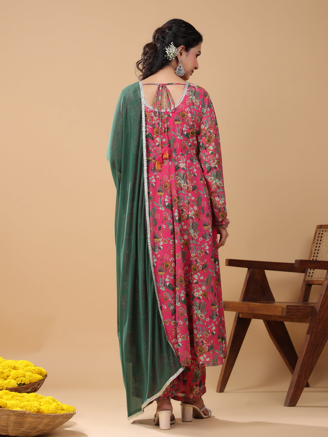 Pink Georgette Digital Floral Printed Kurta with Palazzo and Dupatta