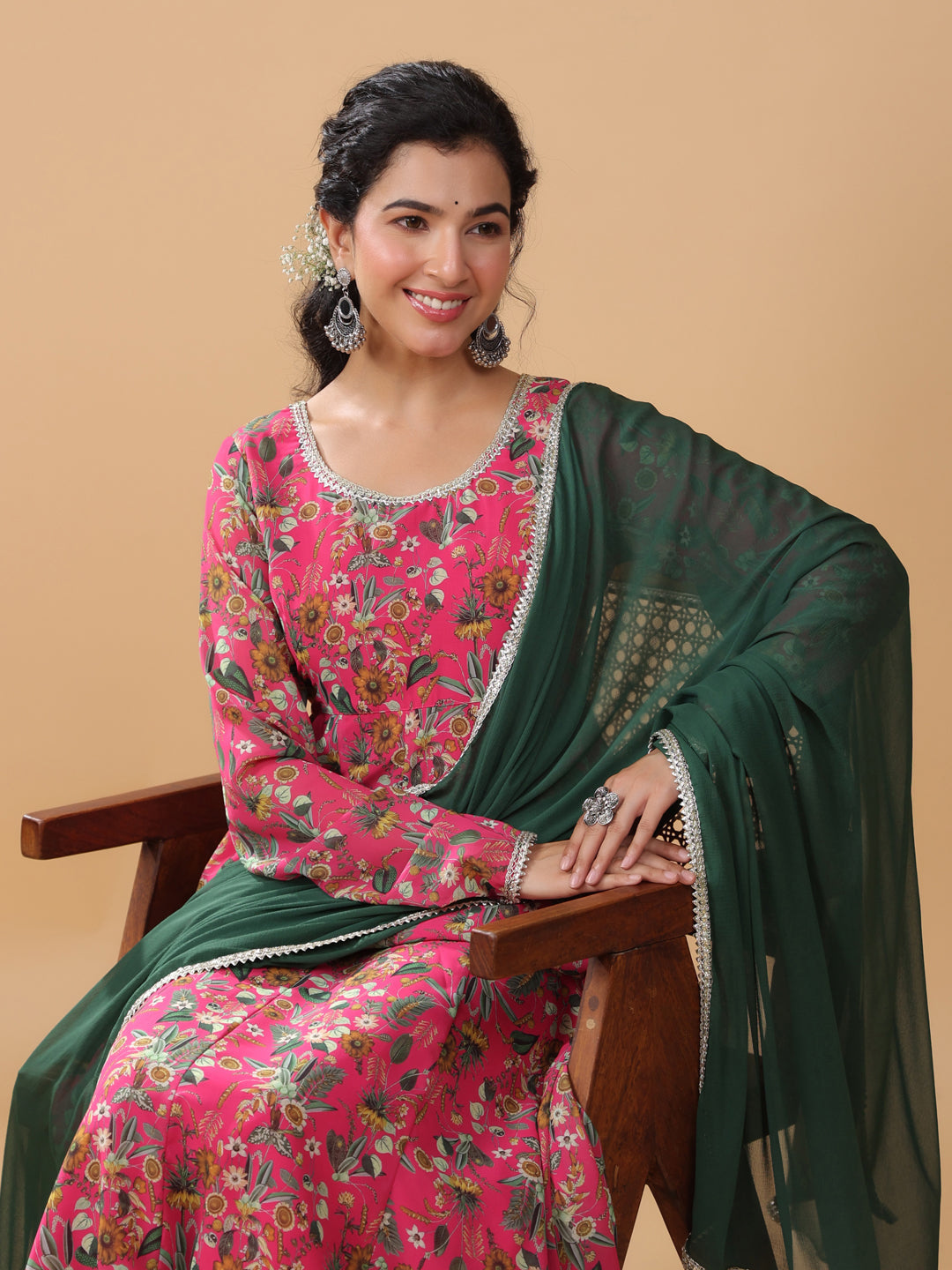 Pink Georgette Digital Floral Printed Kurta with Palazzo and Dupatta