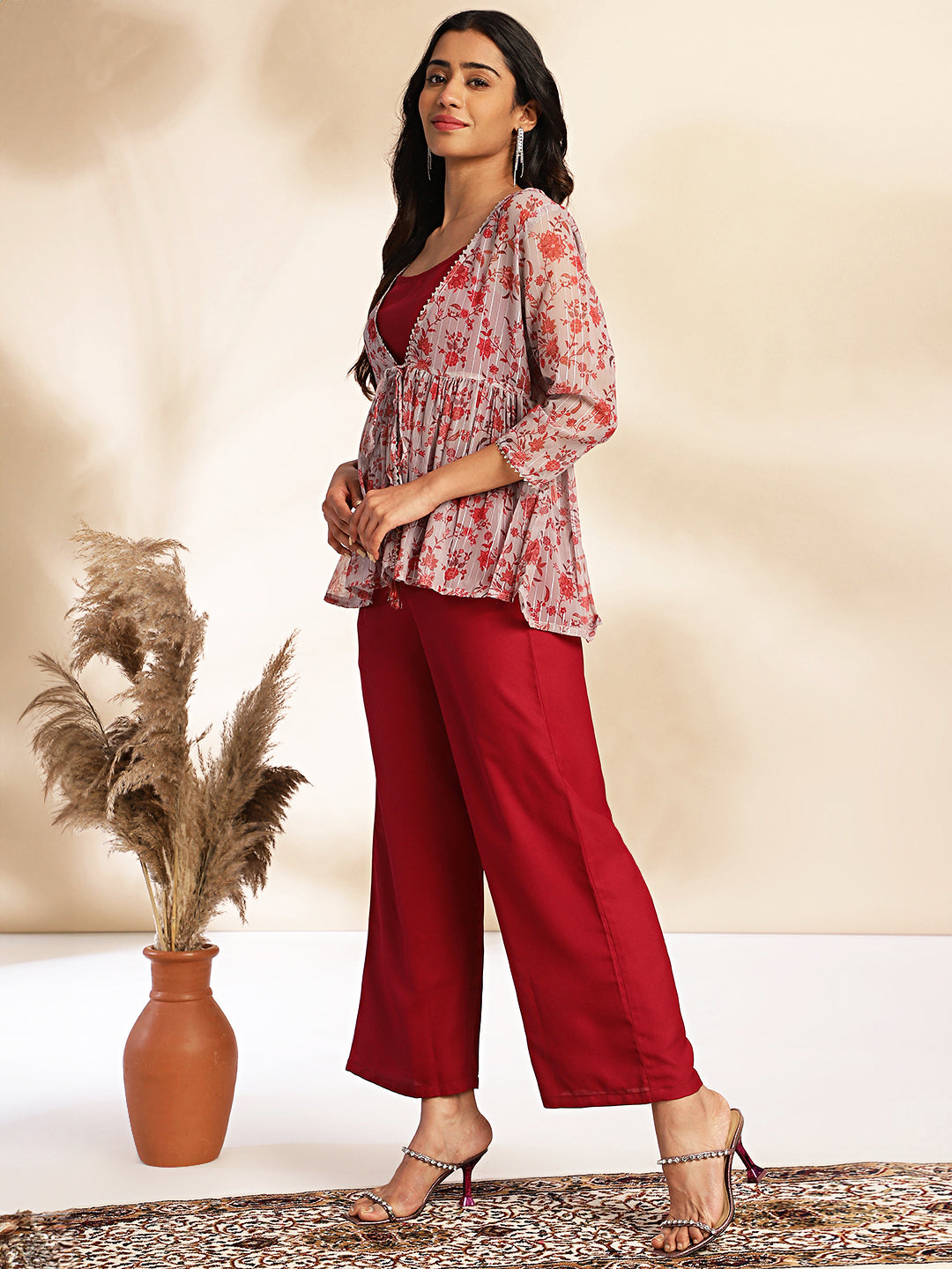 Wine Moss Solid Crop Top with Pant and Jacket