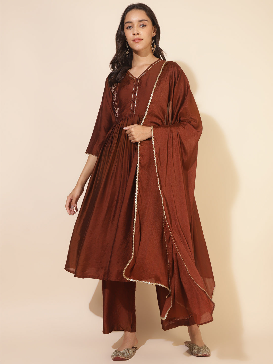 Brown Chanderi Embellished Kurta with Palazzo and Dupatta