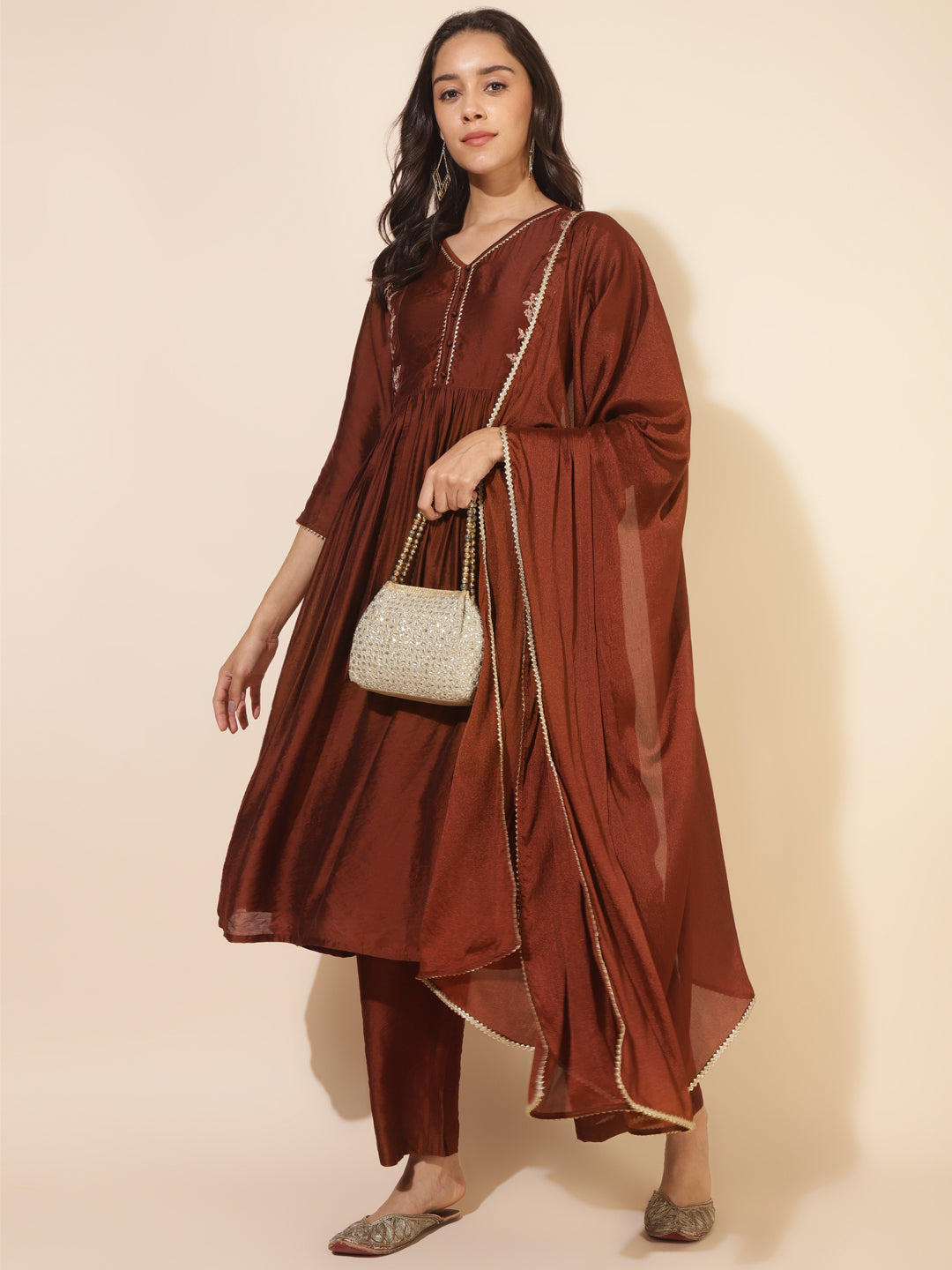 Brown Chanderi Embellished Kurta with Palazzo and Dupatta