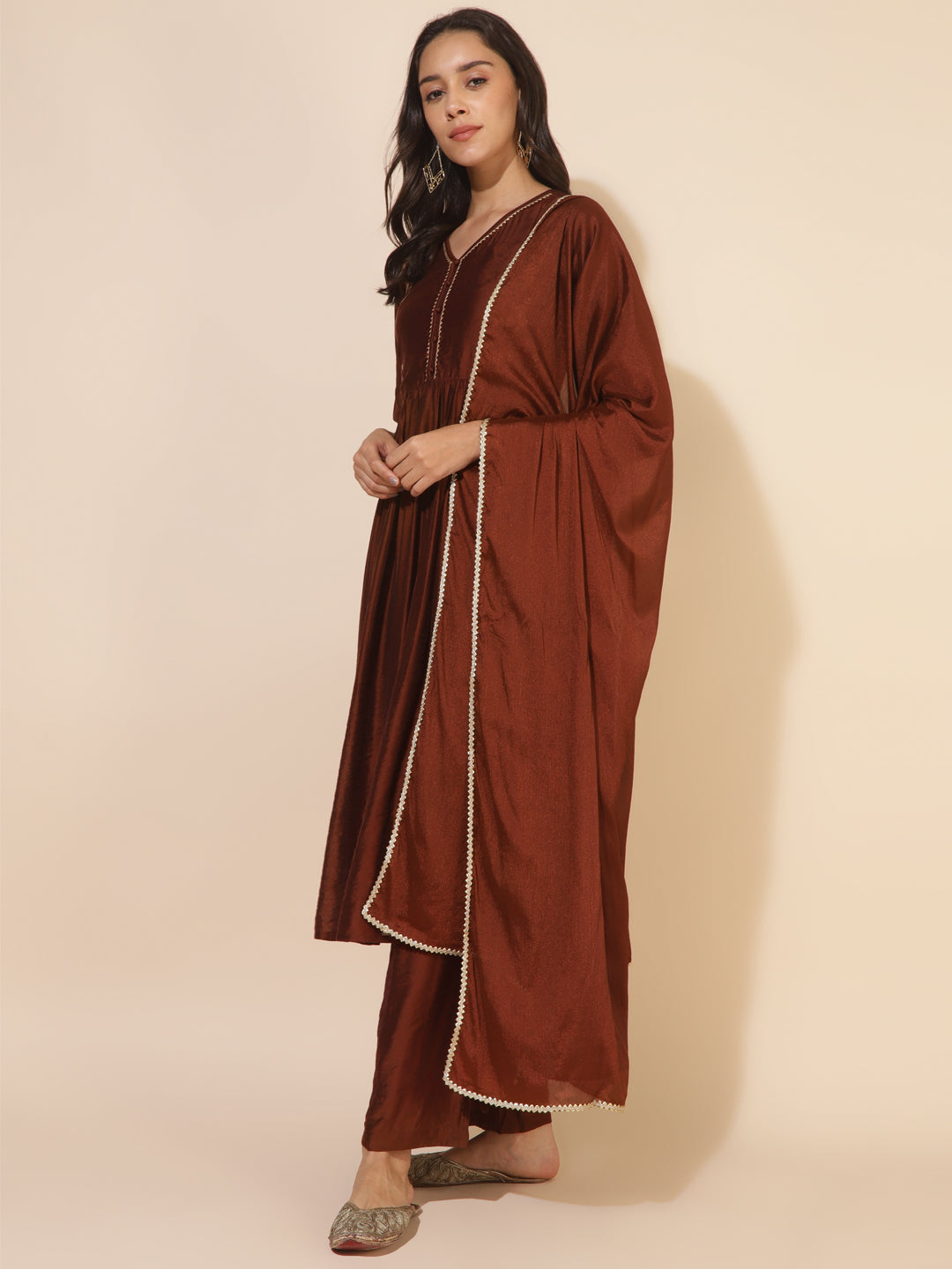 Brown Chanderi Embellished Kurta with Palazzo and Dupatta