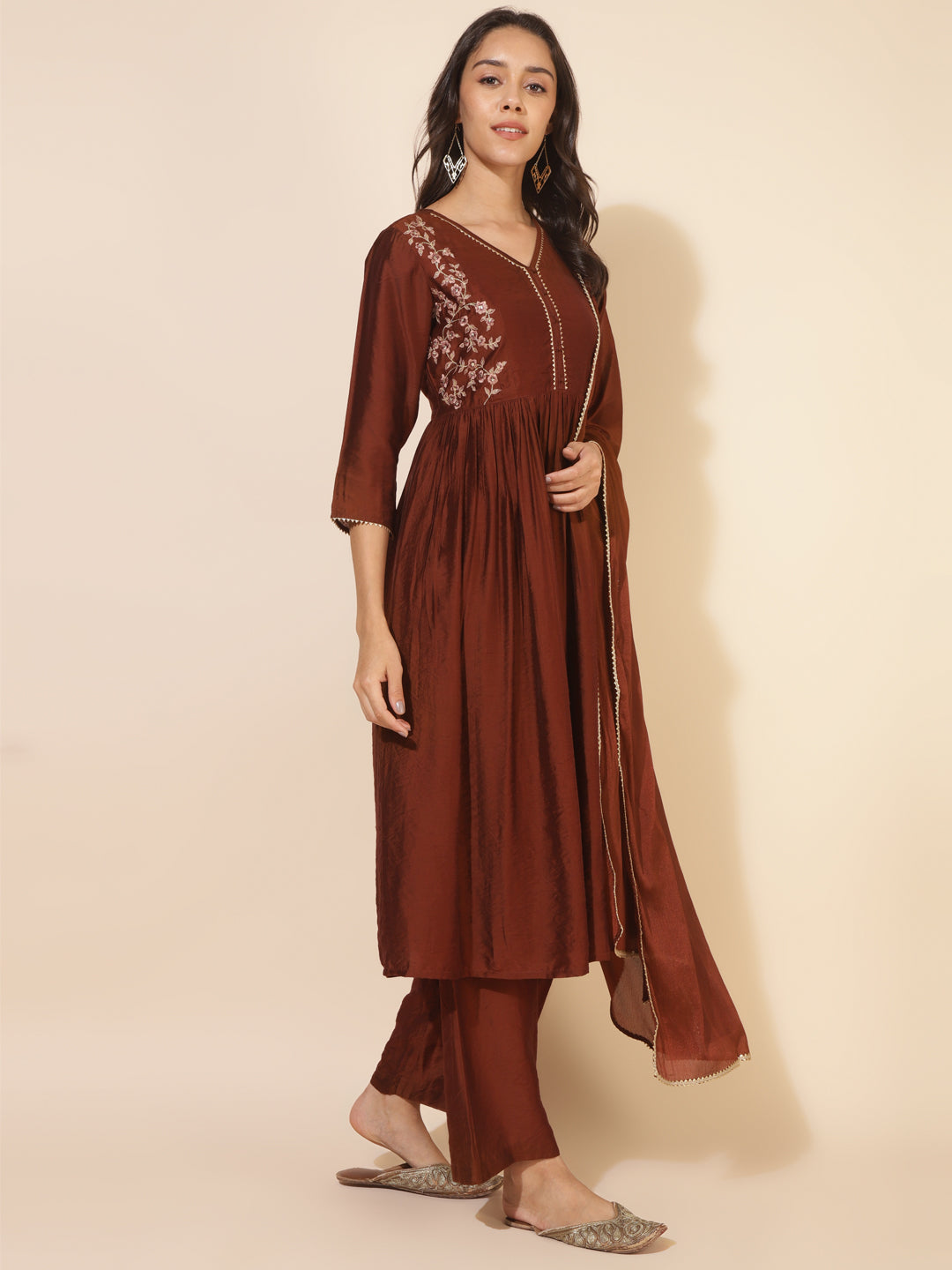 Brown Chanderi Embellished Kurta with Palazzo and Dupatta