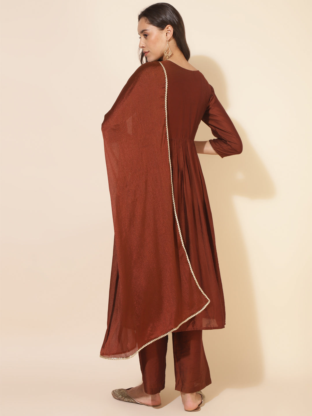 Brown Chanderi Embellished Kurta with Palazzo and Dupatta