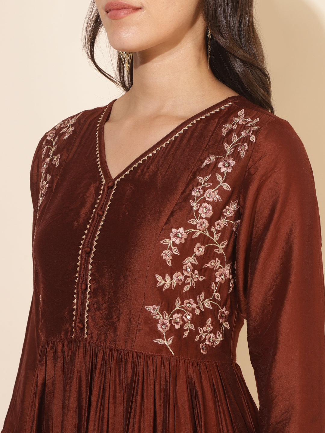 Brown Chanderi Embellished Kurta with Palazzo and Dupatta