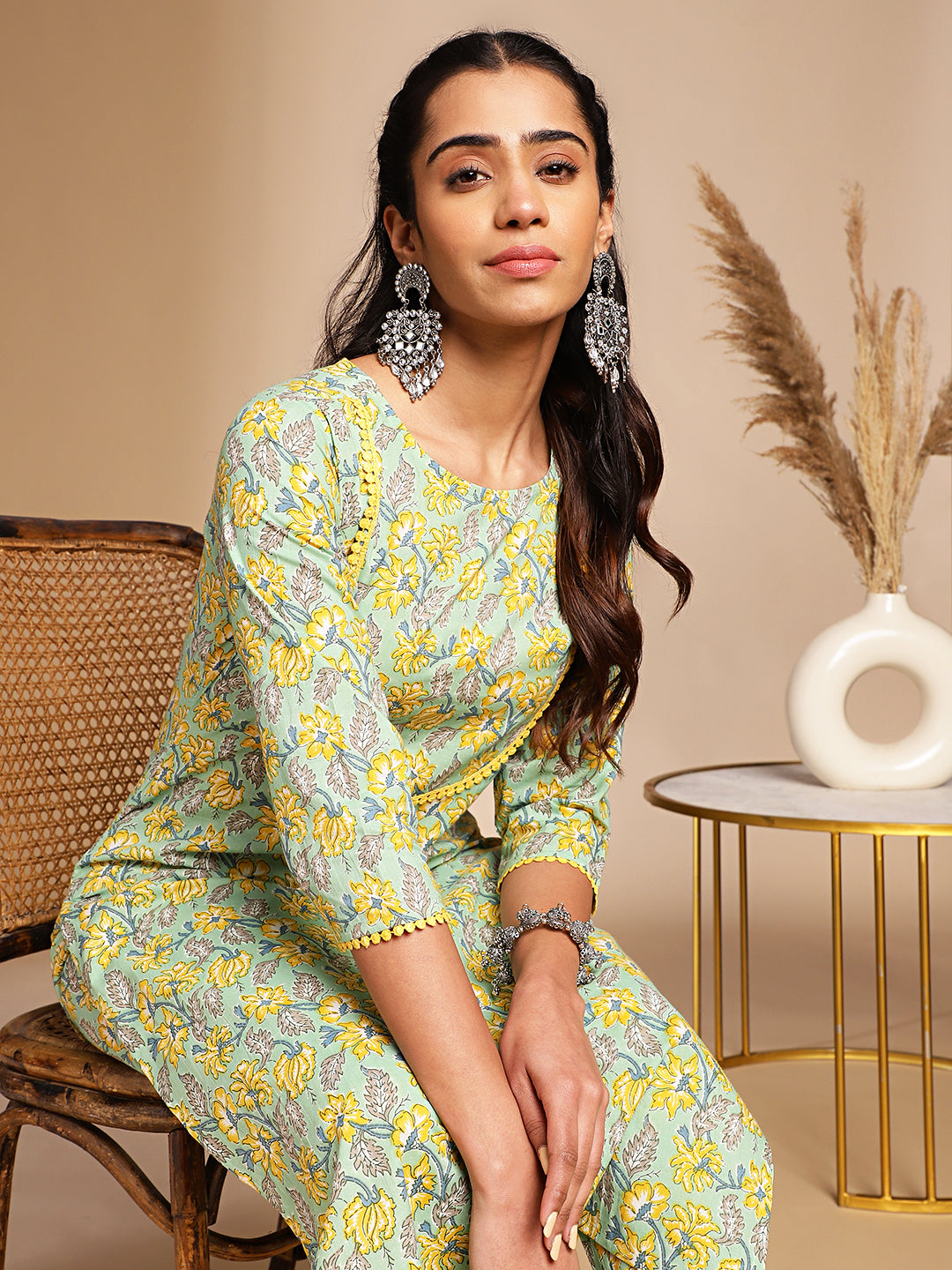 Light Green Cotton Floral Straight Co-ord Set