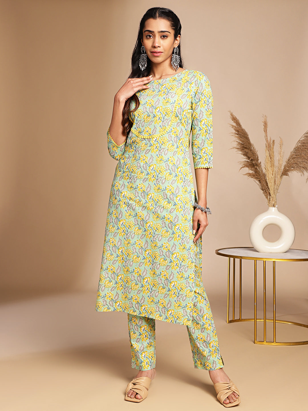 Light Green Cotton Floral Straight Co-ord Set