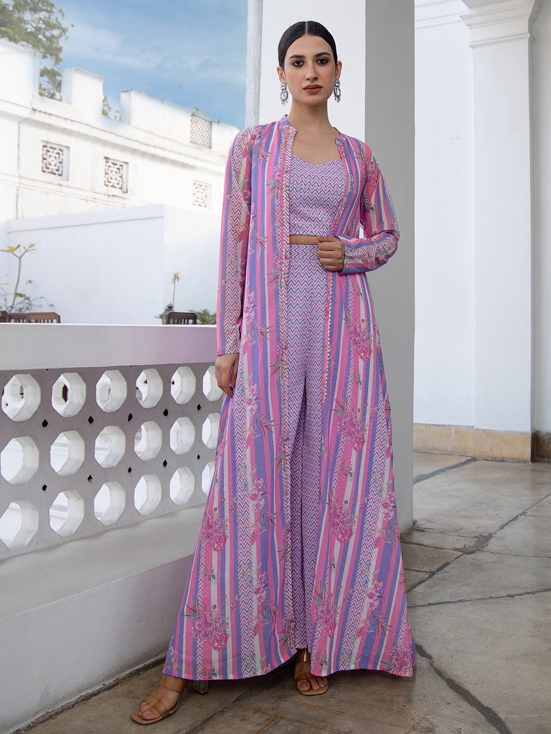 Multicolour Georgette Chevron 3 Piece Jacket Set