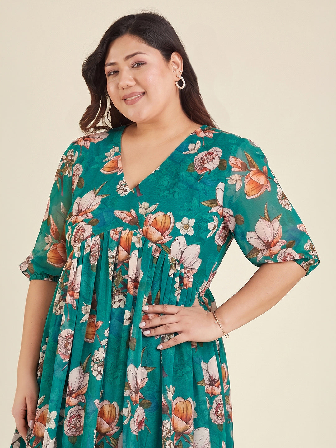 Janasya Women's Plus Size Sea Green Georgette Floral Printed Gathered Dress