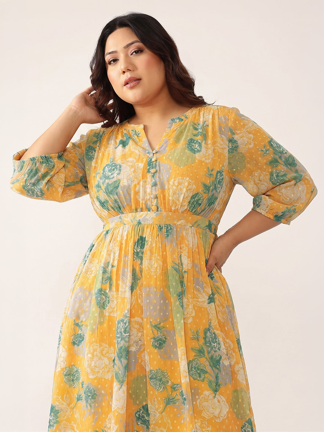 Janasya Women's Plus Size Orange Dobby Georgette Floral Printed A-Line Dress