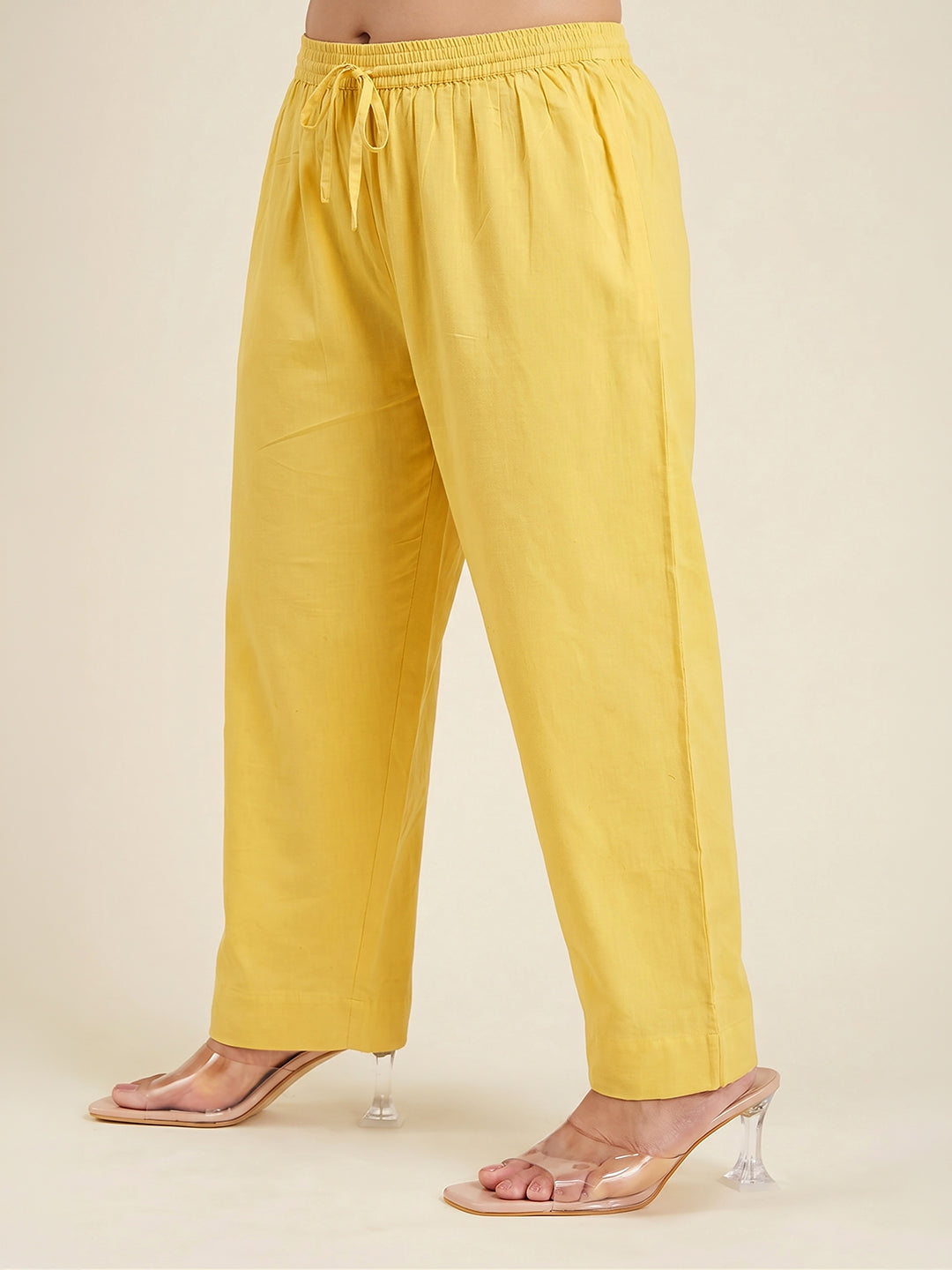 Janasya Women's Plus Size Yellow Linen Cotton Embroidered Straight Kurta Set
