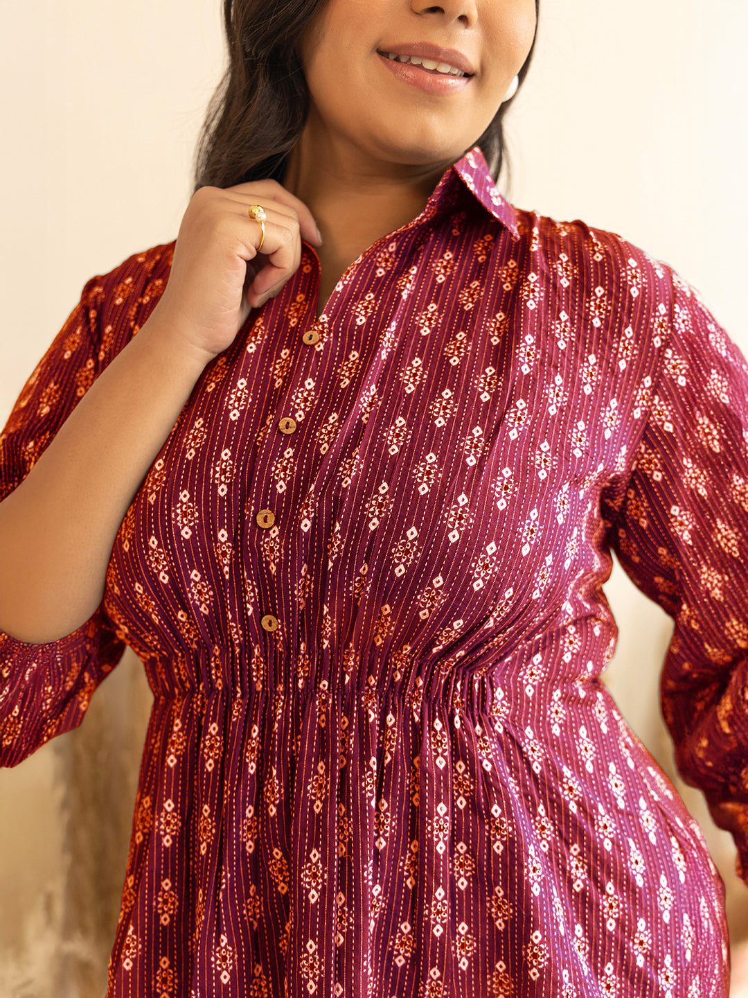 Janasya Women's Plus Size Red Pure Cotton Ethnic Motifs Printed Peplum Top
