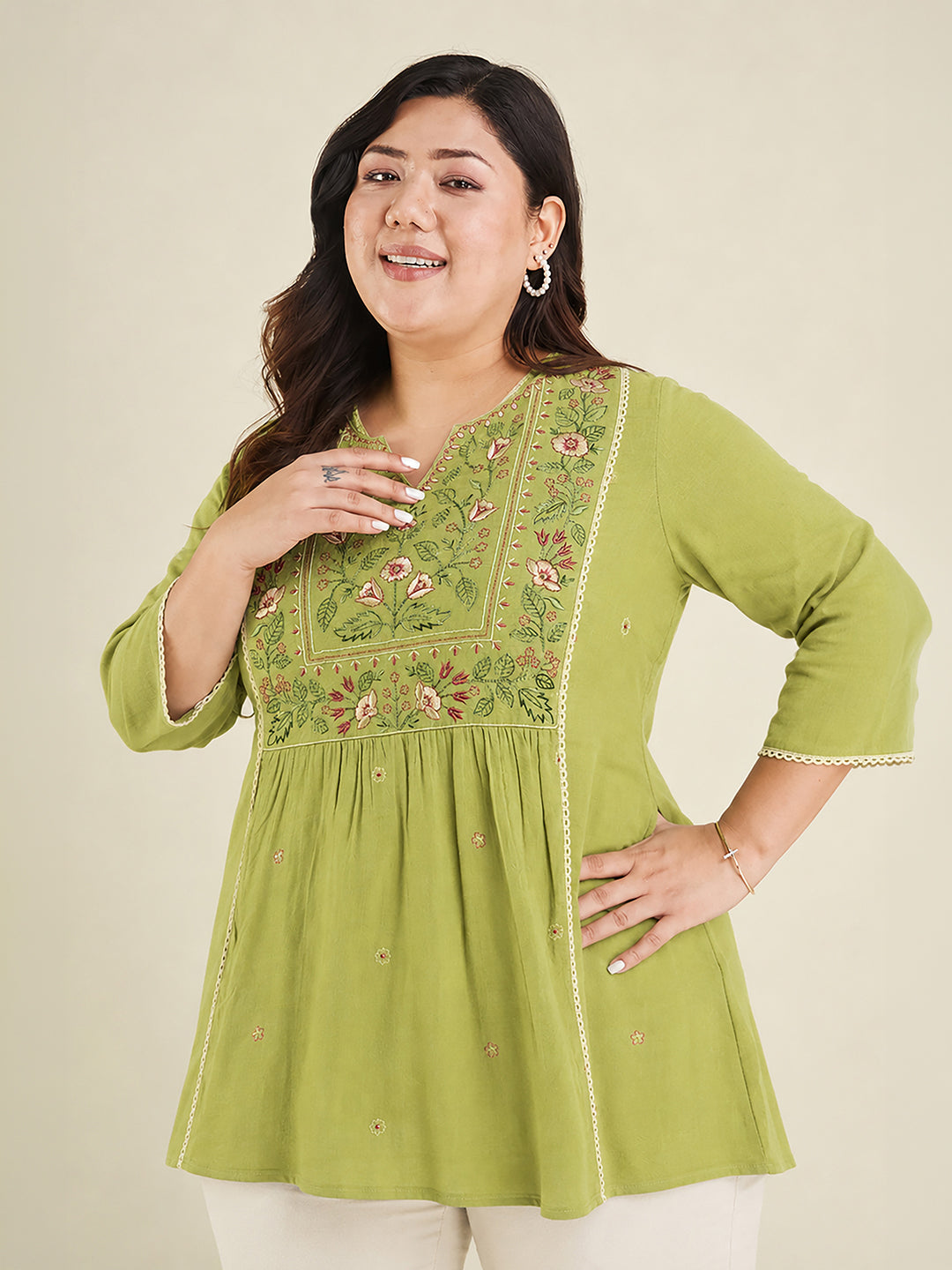 Janasya Women's Plus Size Lime Green Rayon Yoke Embroidered A-Line Tunic