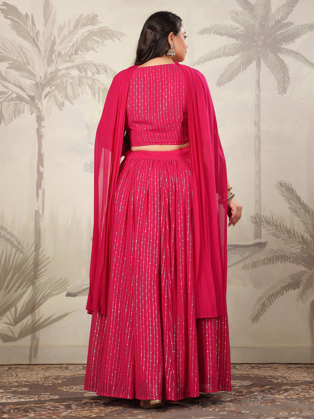 Plus Size Pink Georgette Foil Printed Gathered Embellished Lehenga Choli Set