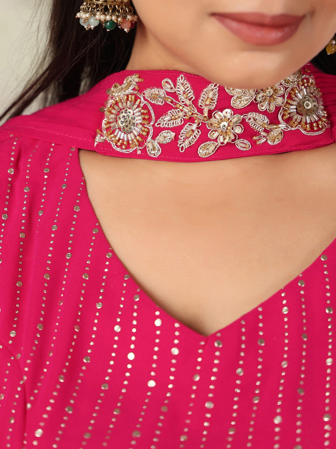 Plus Size Pink Georgette Foil Printed Gathered Embellished Lehenga Choli Set