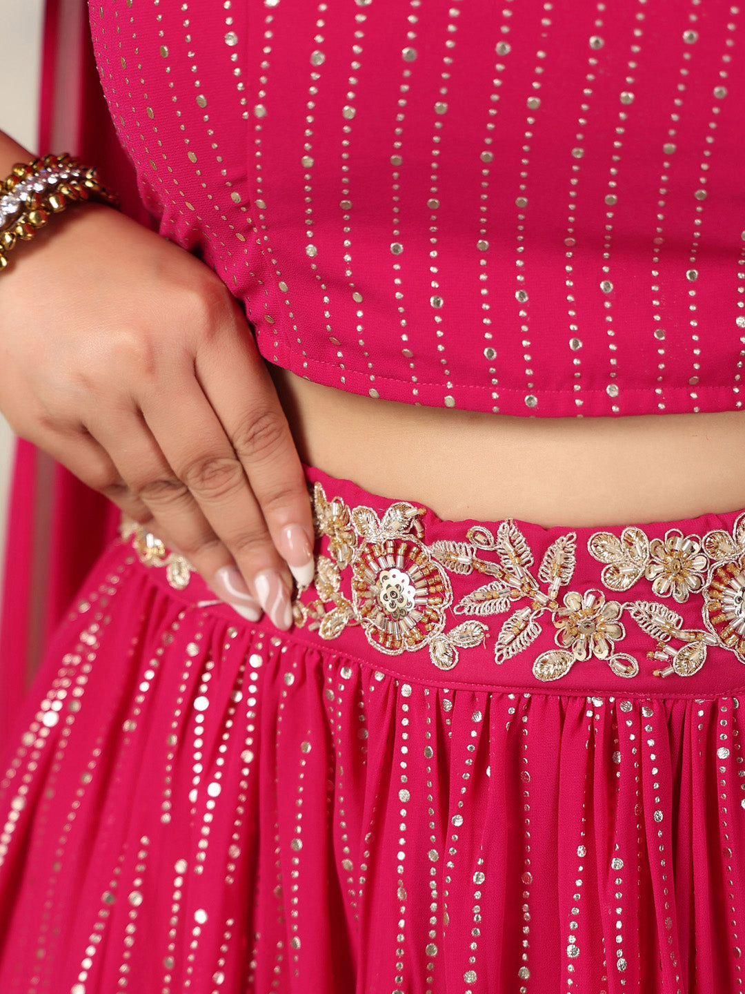Plus Size Pink Georgette Foil Printed Gathered Embellished Lehenga Choli Set
