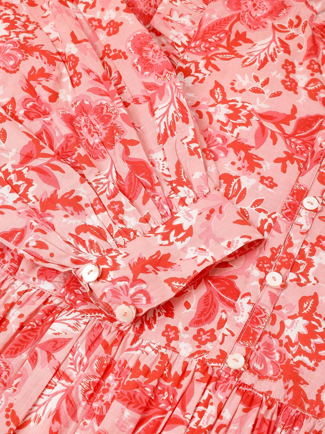 Plus Size Pink Pure Cotton Floral Printed Tiered Dress