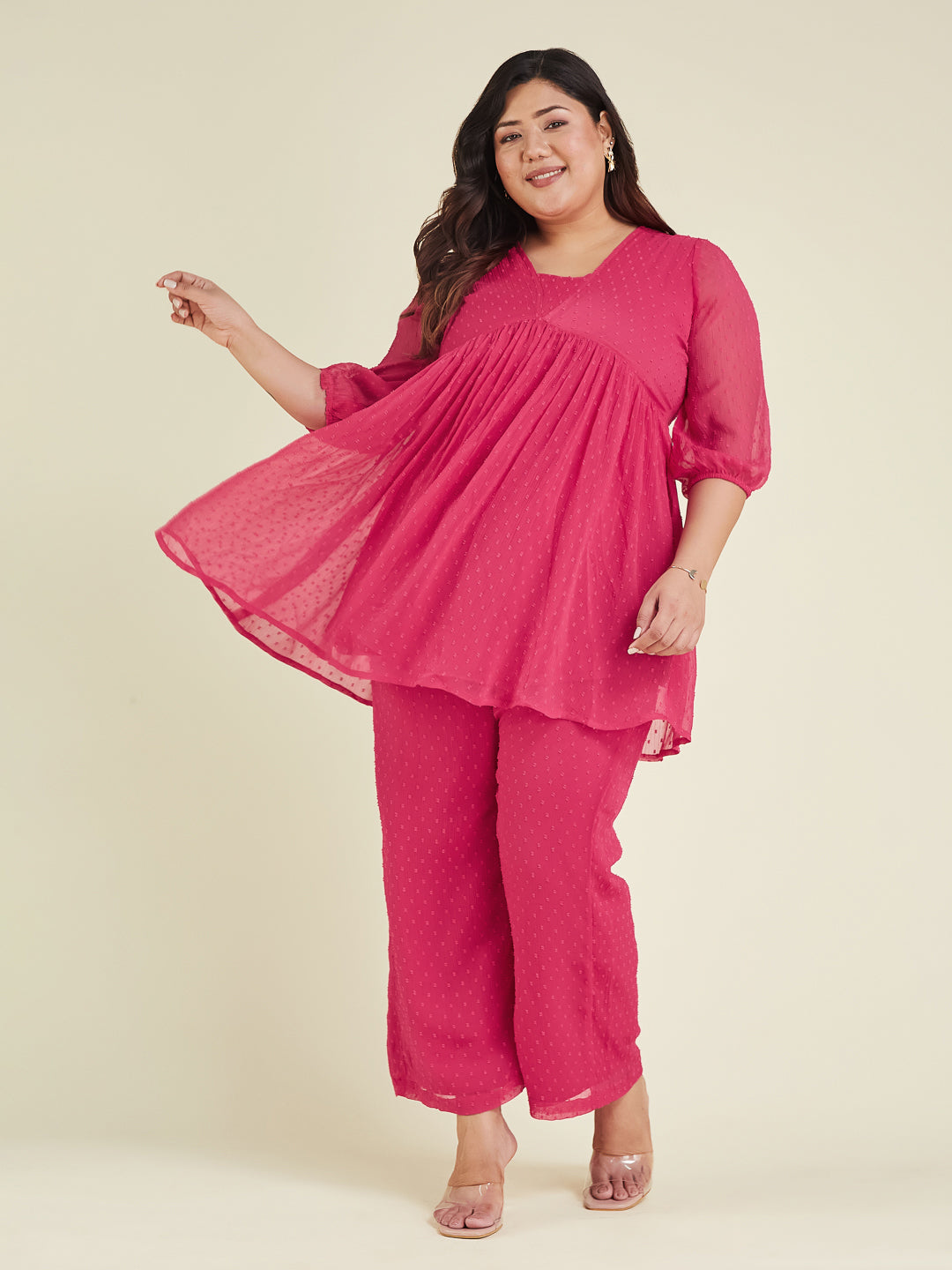 Janasya Women's Plus Size Pink Dobby Chiffon Self Design A-line Co-ord Set