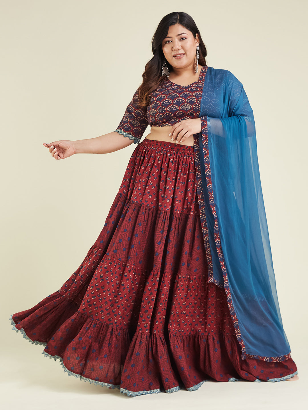 Janasya Women's Plus Size Maroon Pure Cotton Ethnic Motifs Printed Tiered Lehenga Choli Set
