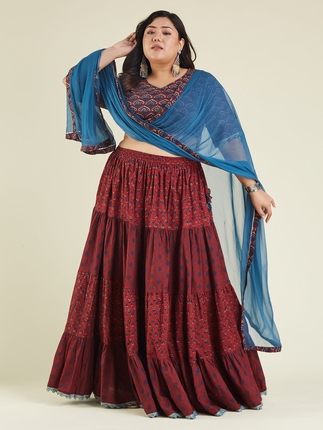 Janasya Women's Plus Size Maroon Pure Cotton Ethnic Motifs Printed Tiered Lehenga Choli Set
