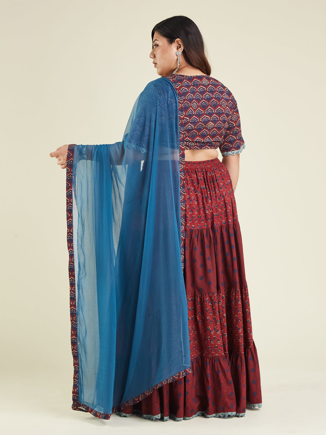 Janasya Women's Plus Size Maroon Pure Cotton Ethnic Motifs Printed Tiered Lehenga Choli Set