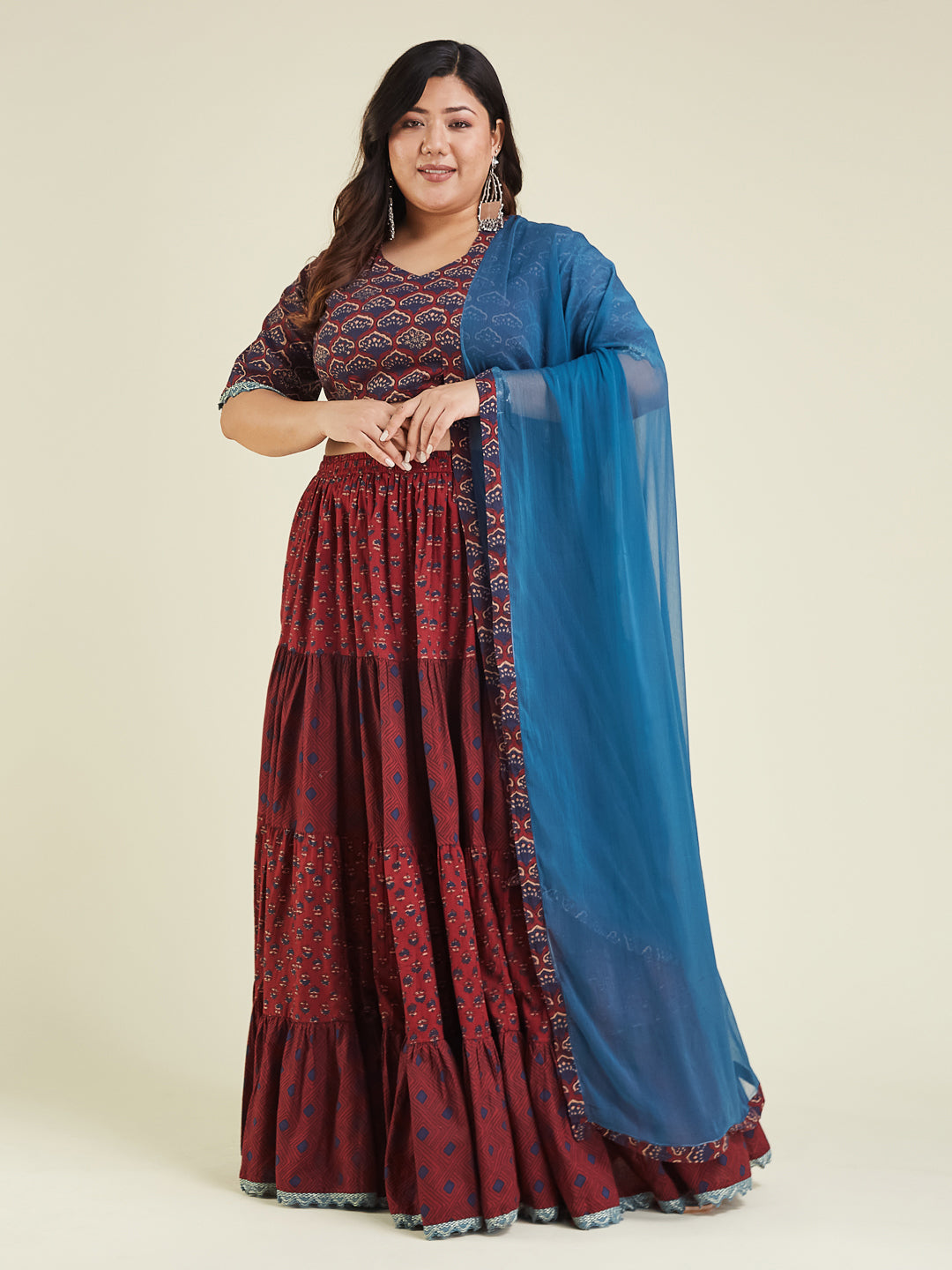 Janasya Women's Plus Size Maroon Pure Cotton Ethnic Motifs Printed Tiered Lehenga Choli Set