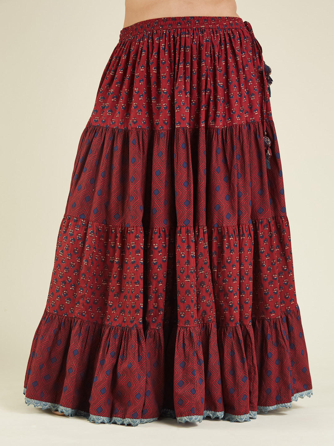 Janasya Women's Plus Size Maroon Pure Cotton Ethnic Motifs Printed Tiered Lehenga Choli Set