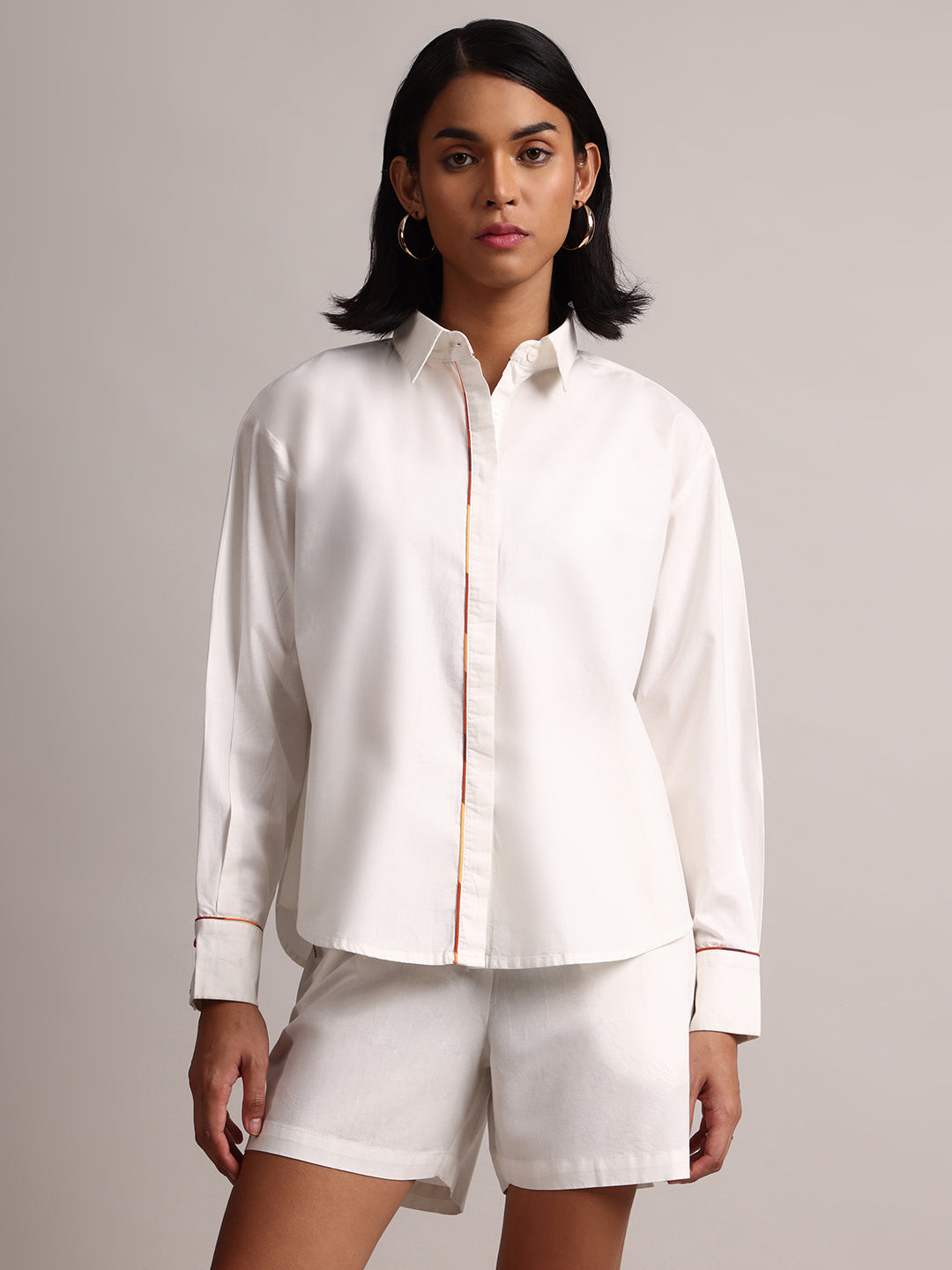 White Cotton Solid Shirt Style Co-Ord Set