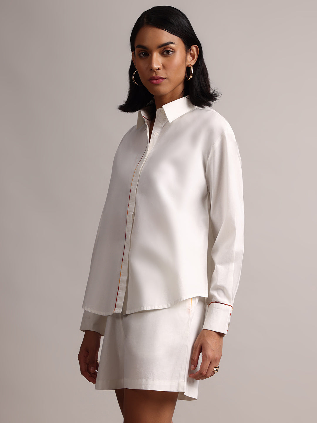 White Cotton Solid Shirt Style Co-Ord Set