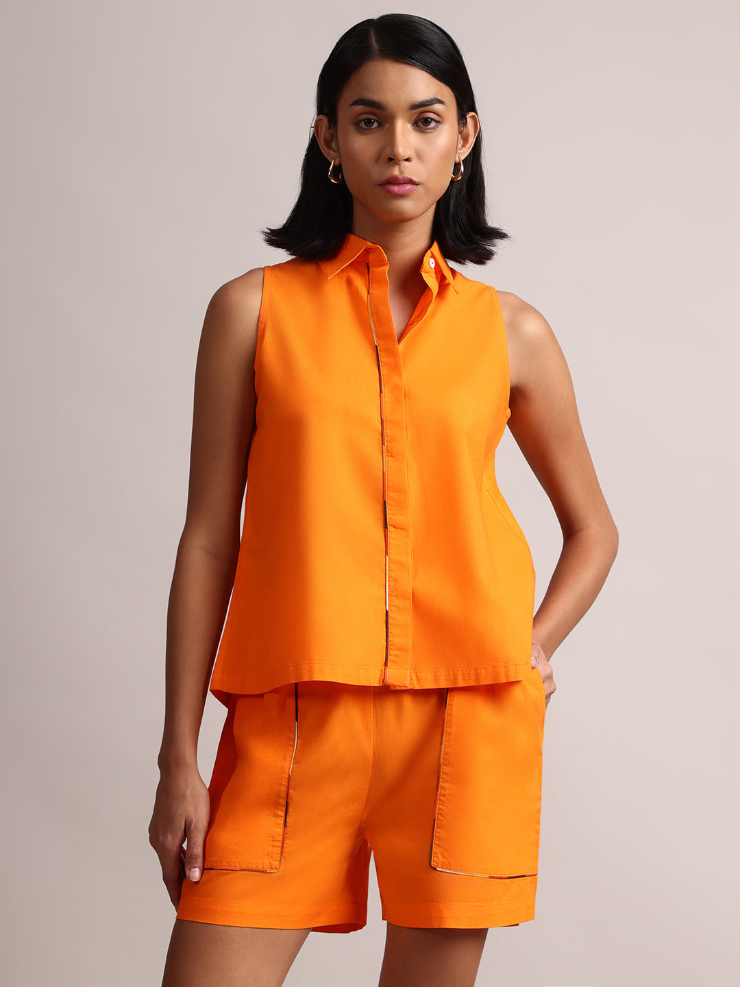 Orange Cotton Solid Shirt Style Co-Ord Set