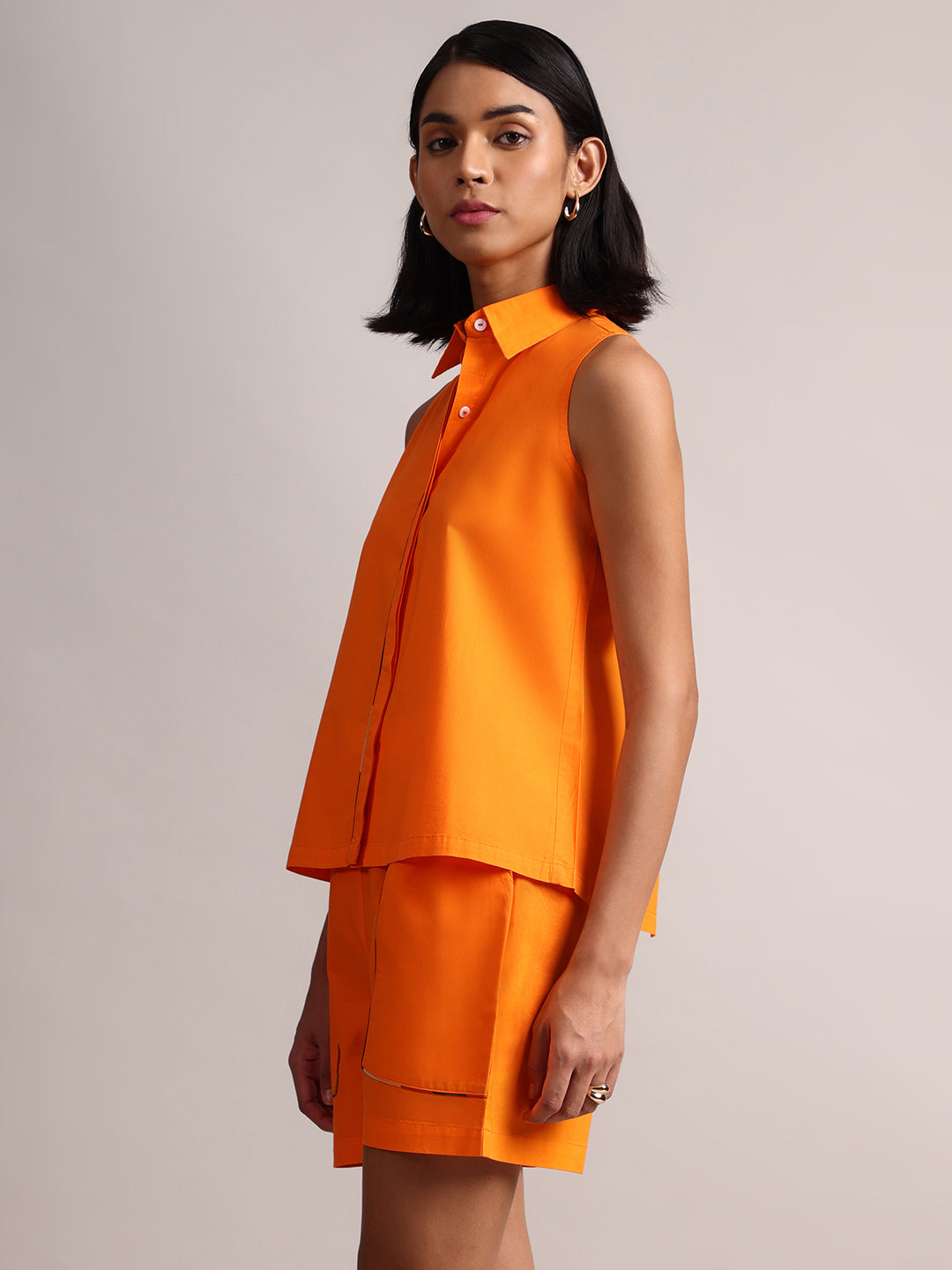 Orange Cotton Solid Shirt Style Co-Ord Set