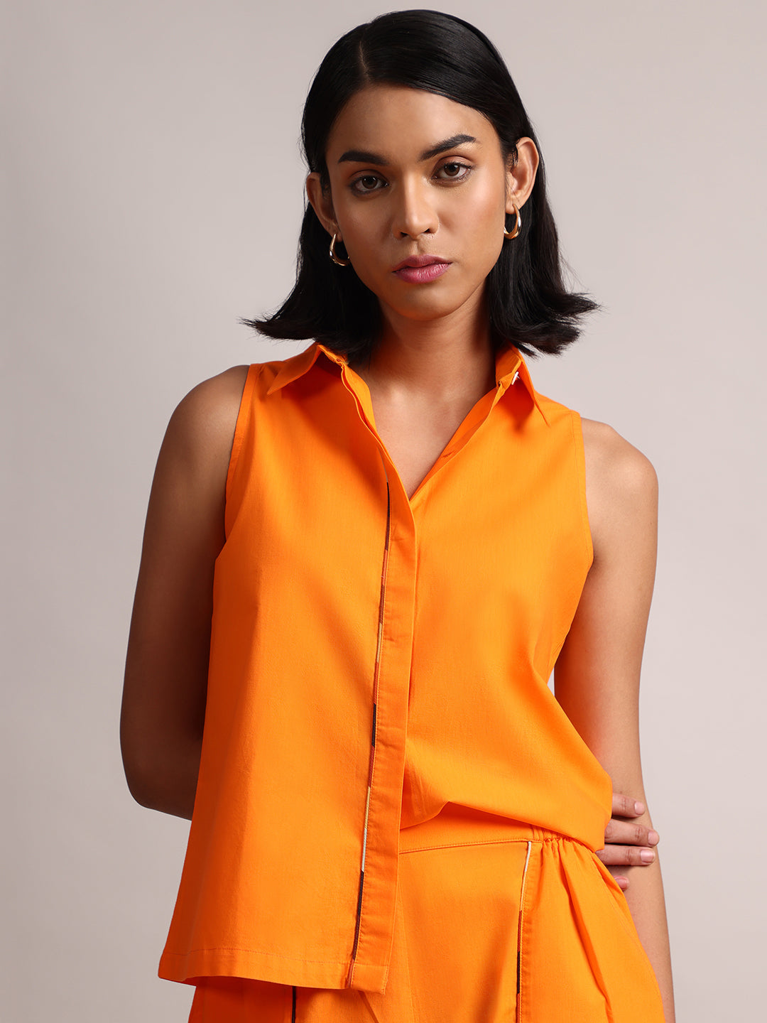 Orange Cotton Solid Shirt Style Co-Ord Set