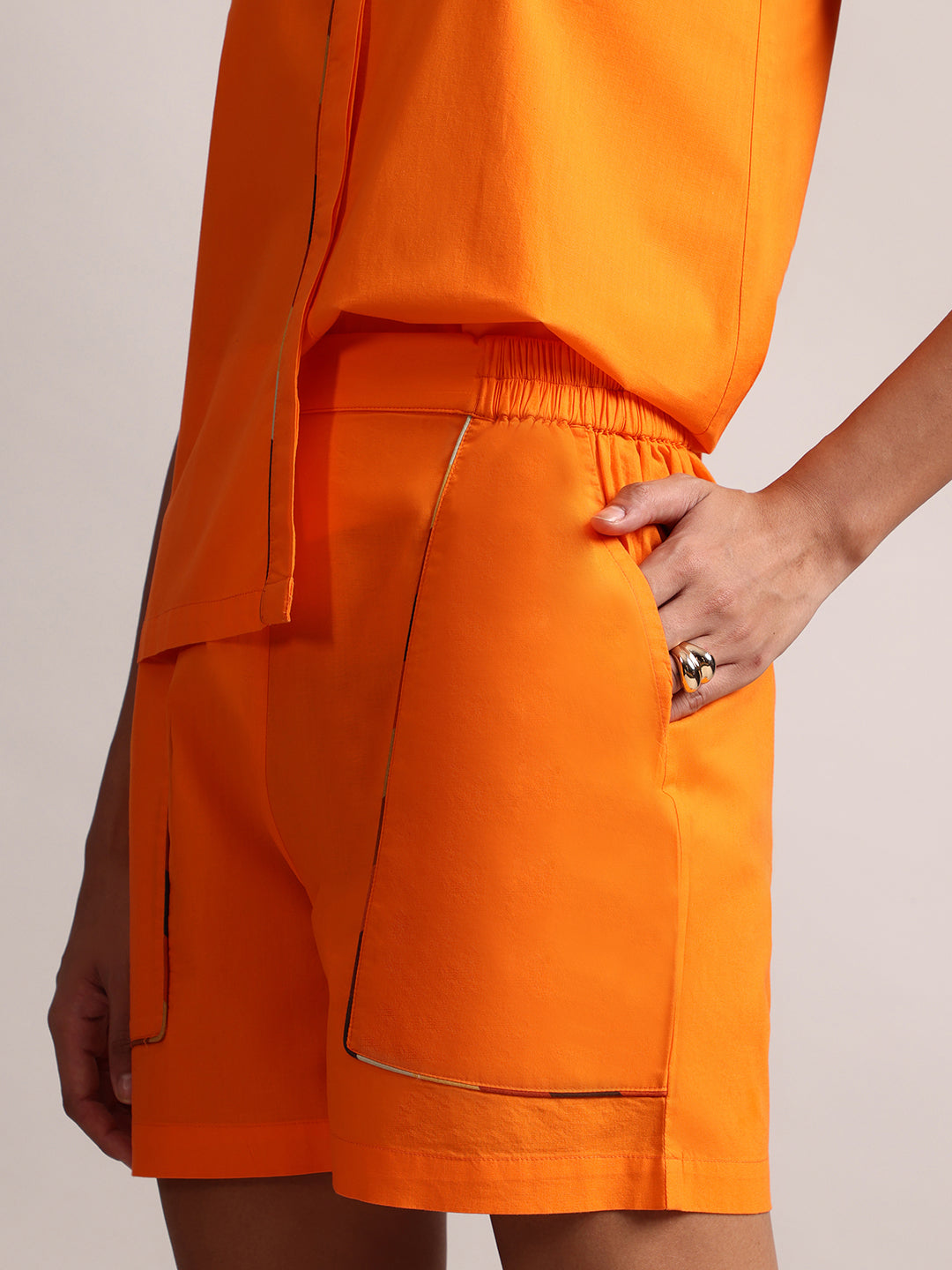 Orange Cotton Solid Shirt Style Co-Ord Set