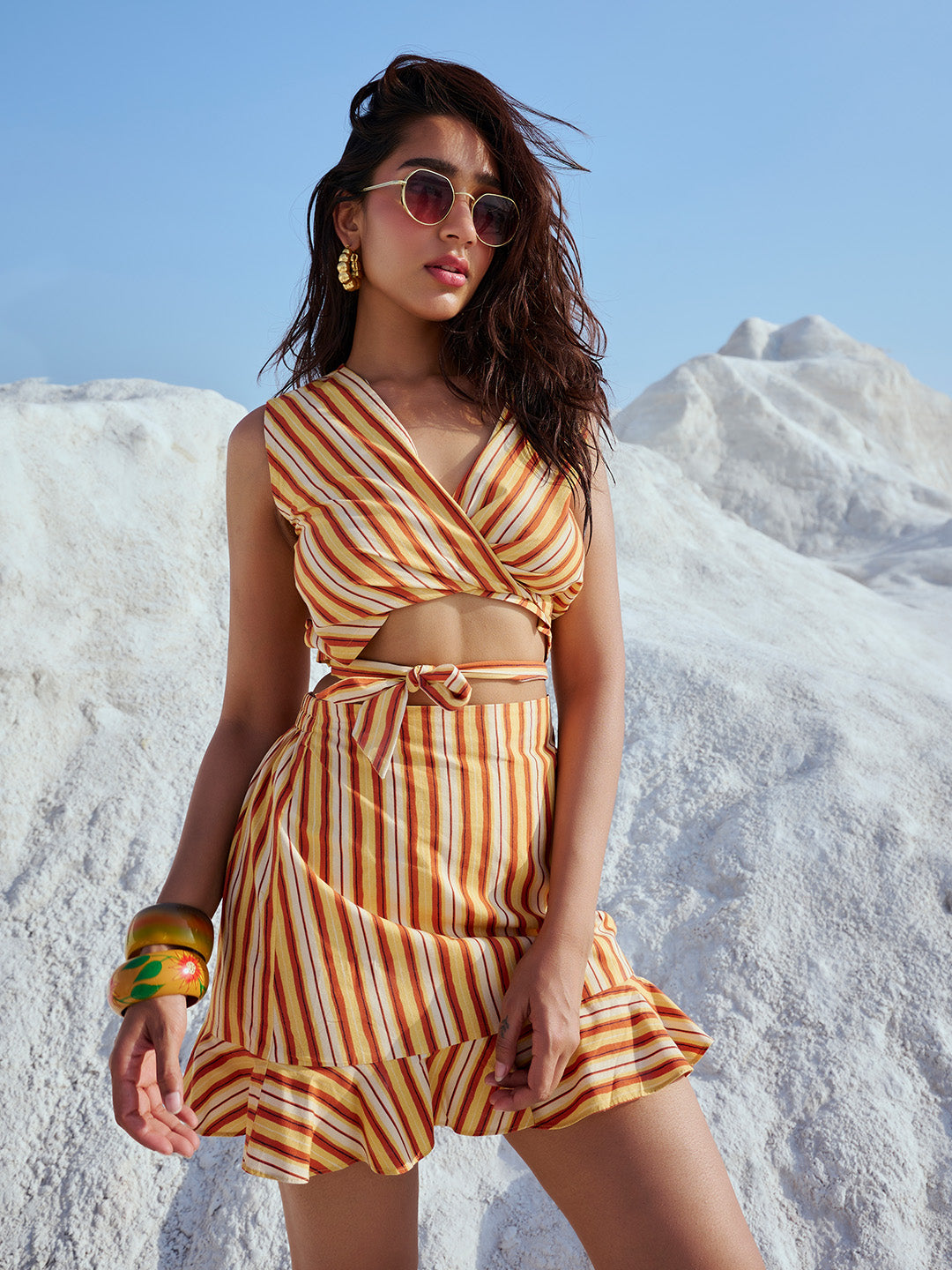 Yellow Poplin Striped Wrap Co-Ord Set