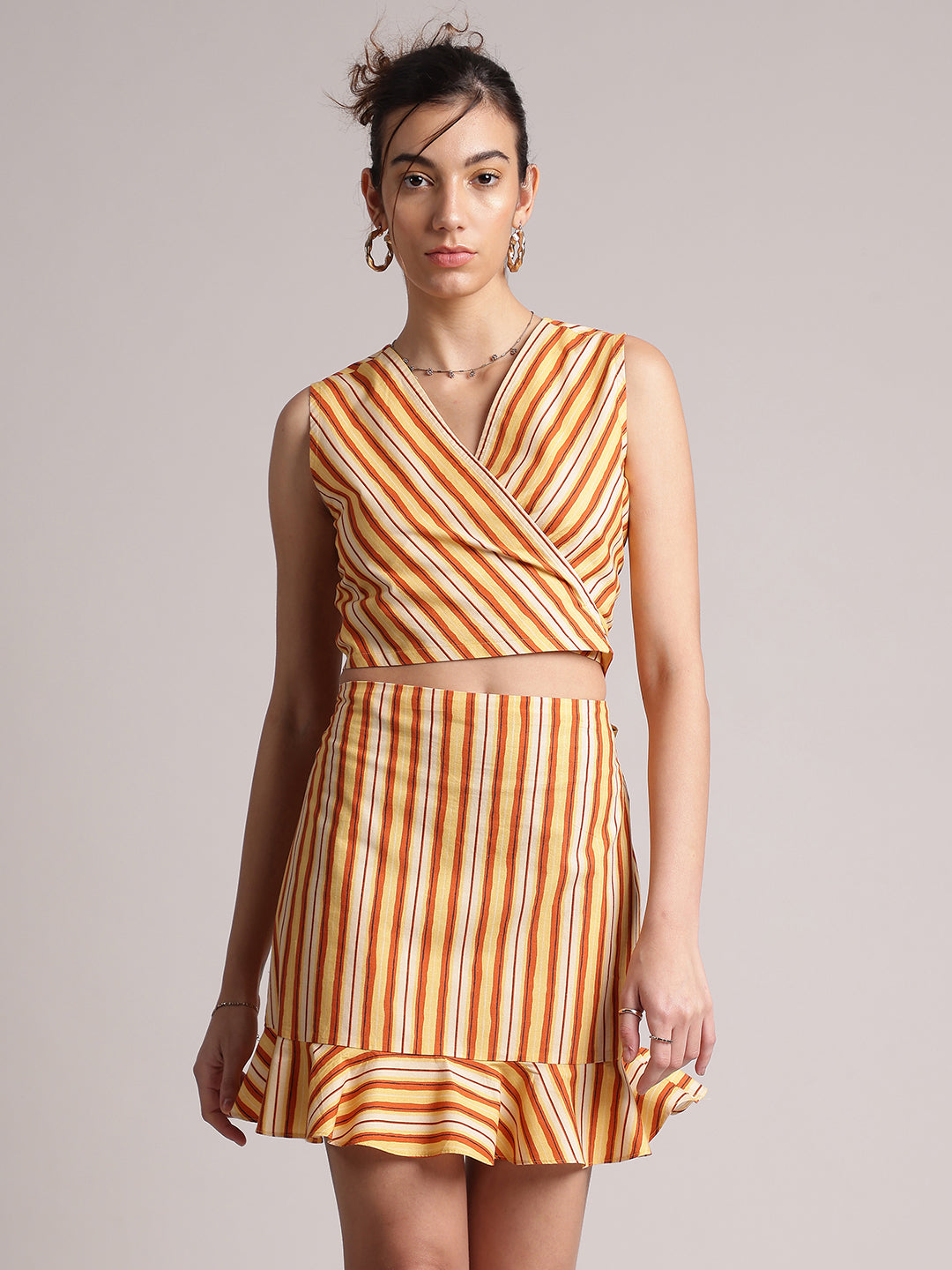 Yellow Poplin Striped Wrap Co-Ord Set