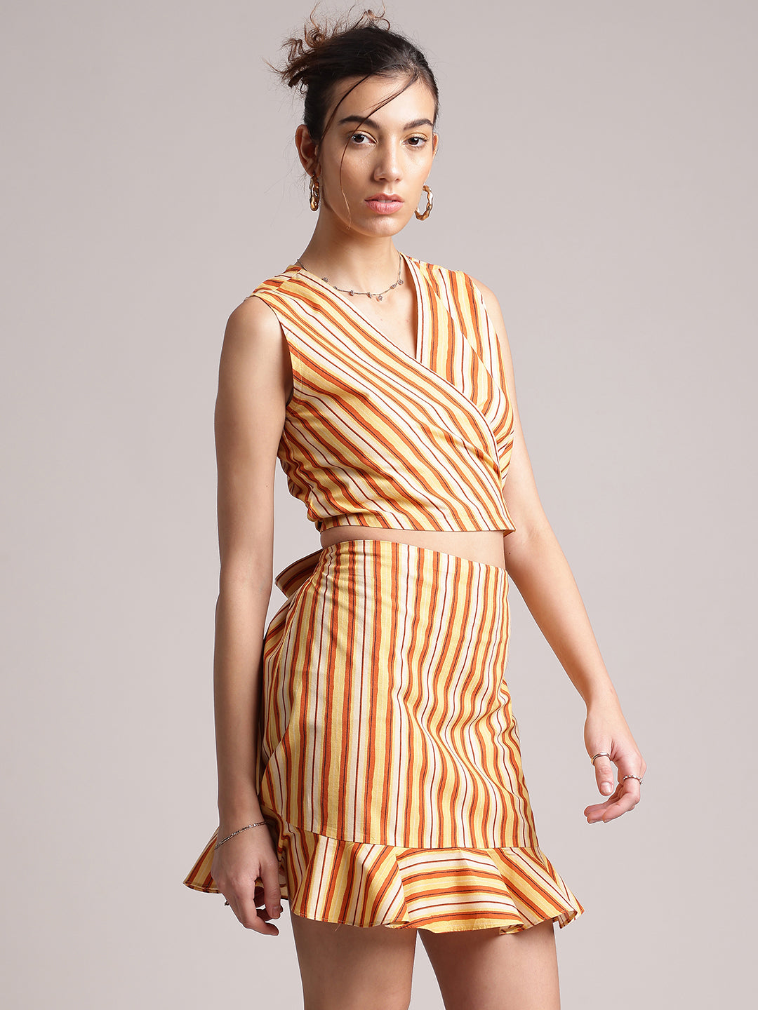 Yellow Poplin Striped Wrap Co-Ord Set