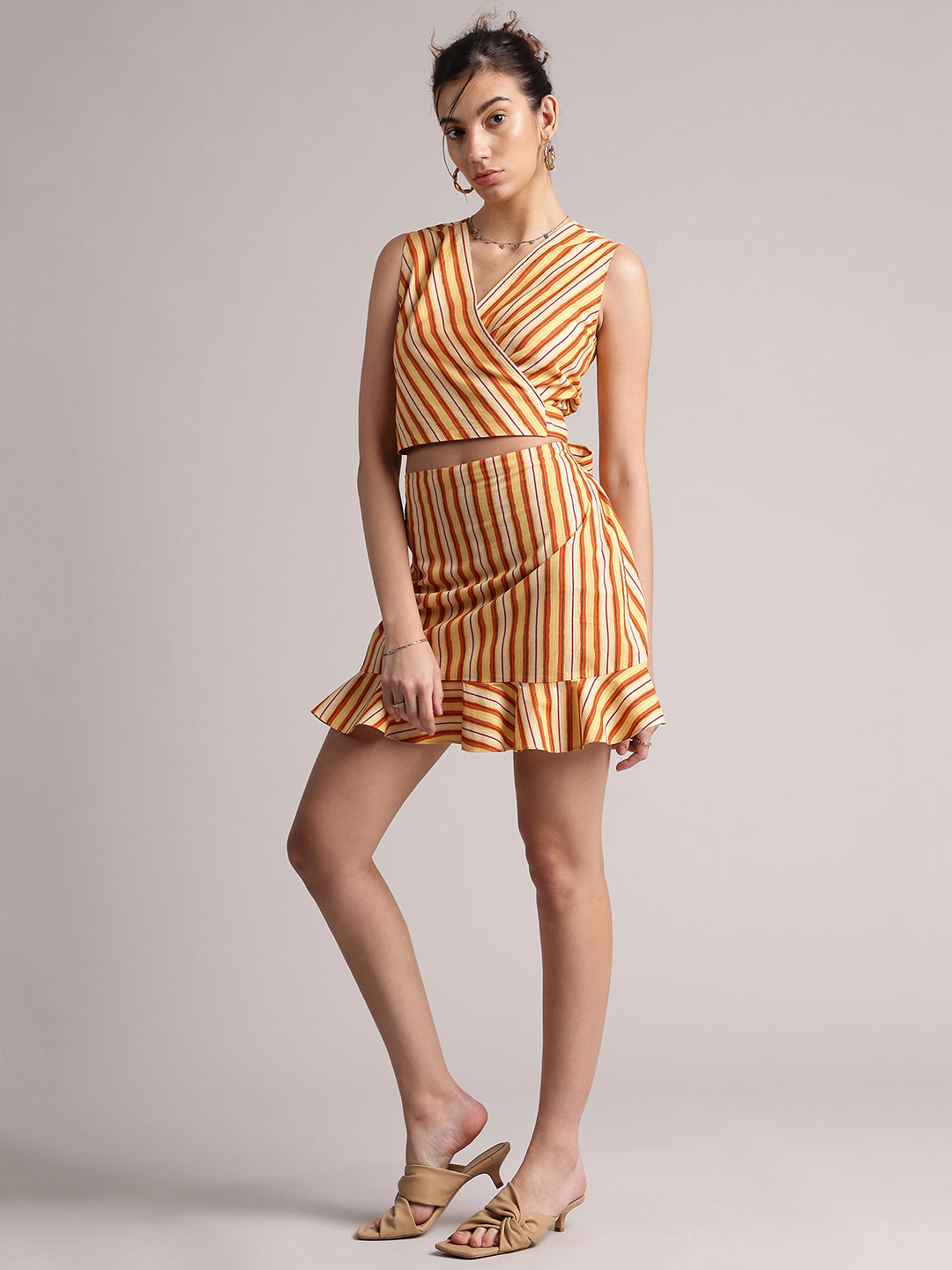 Yellow Poplin Striped Wrap Co-Ord Set