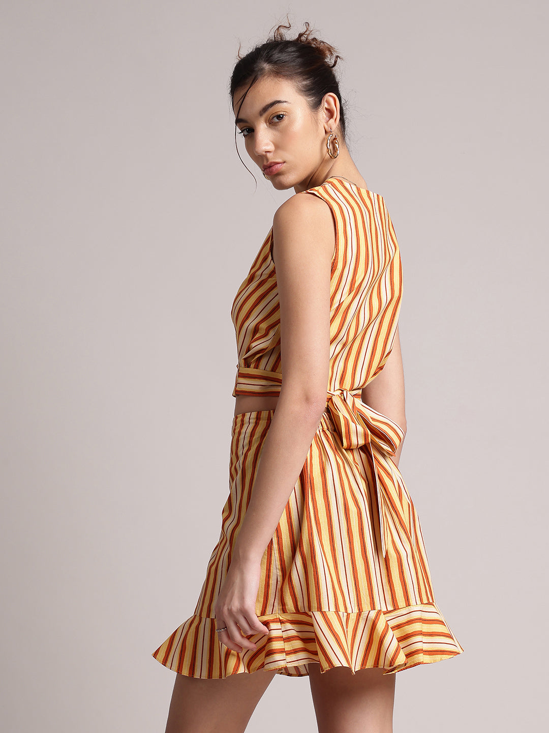 Yellow Poplin Striped Wrap Co-Ord Set