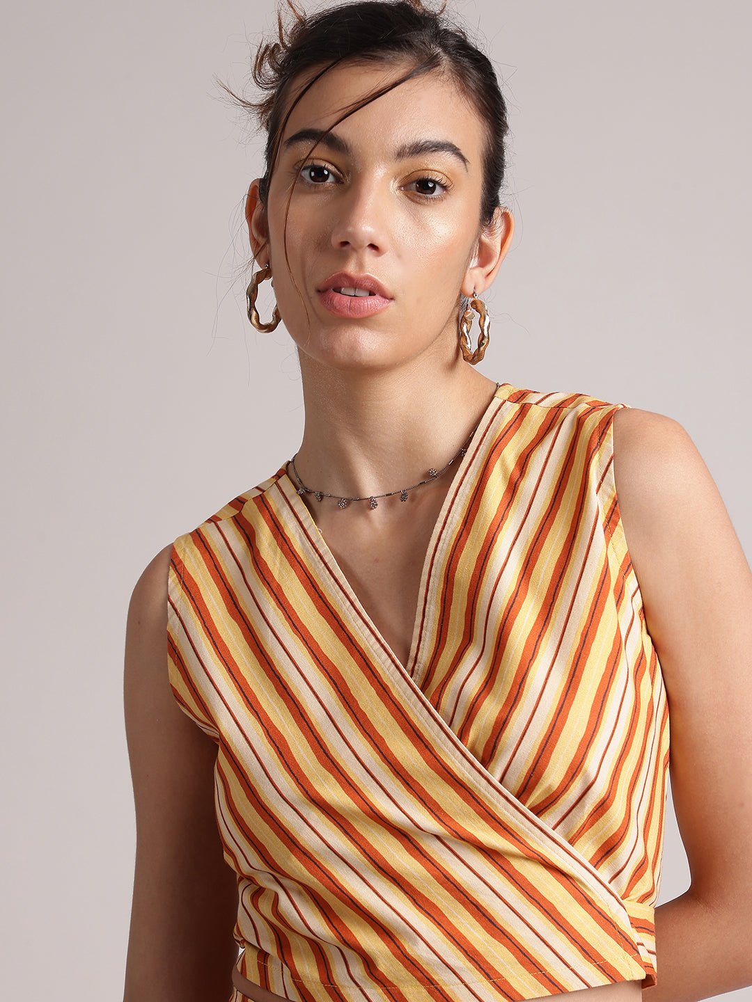 Yellow Poplin Striped Wrap Co-Ord Set