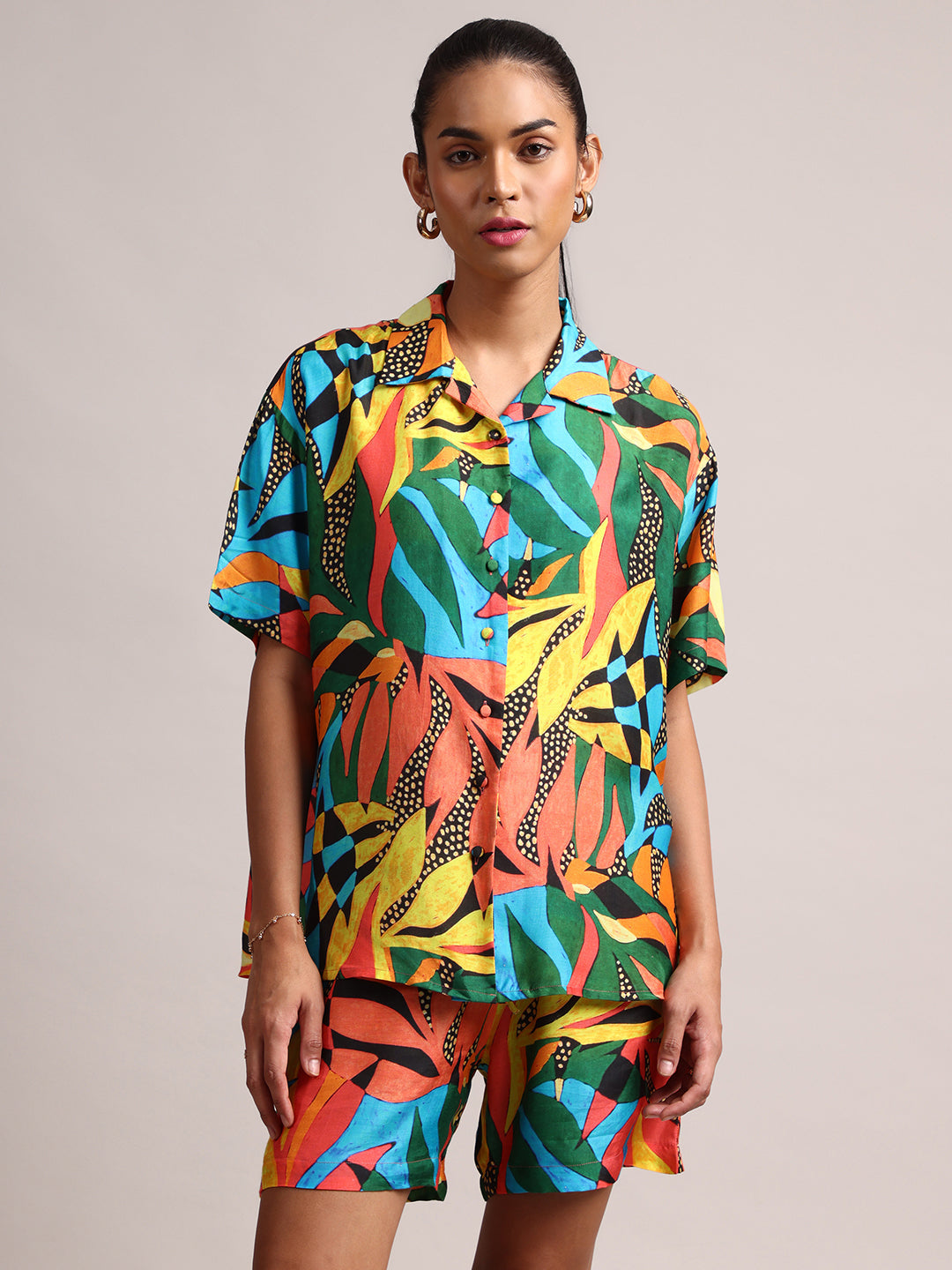 Multicoloured Muslin Tropical Shirt Styles Co-ords Set