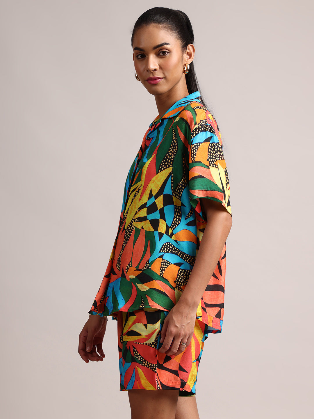 Multicoloured Muslin Tropical Shirt Styles Co-ords Set