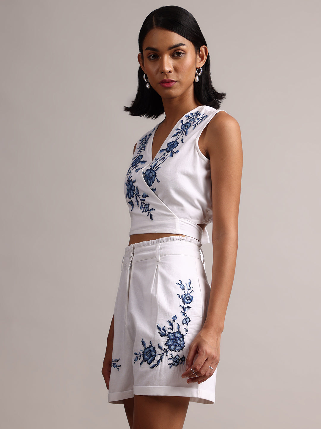 White Cotton Embroidered Wrap Back Tie-Up Co-Ord Set