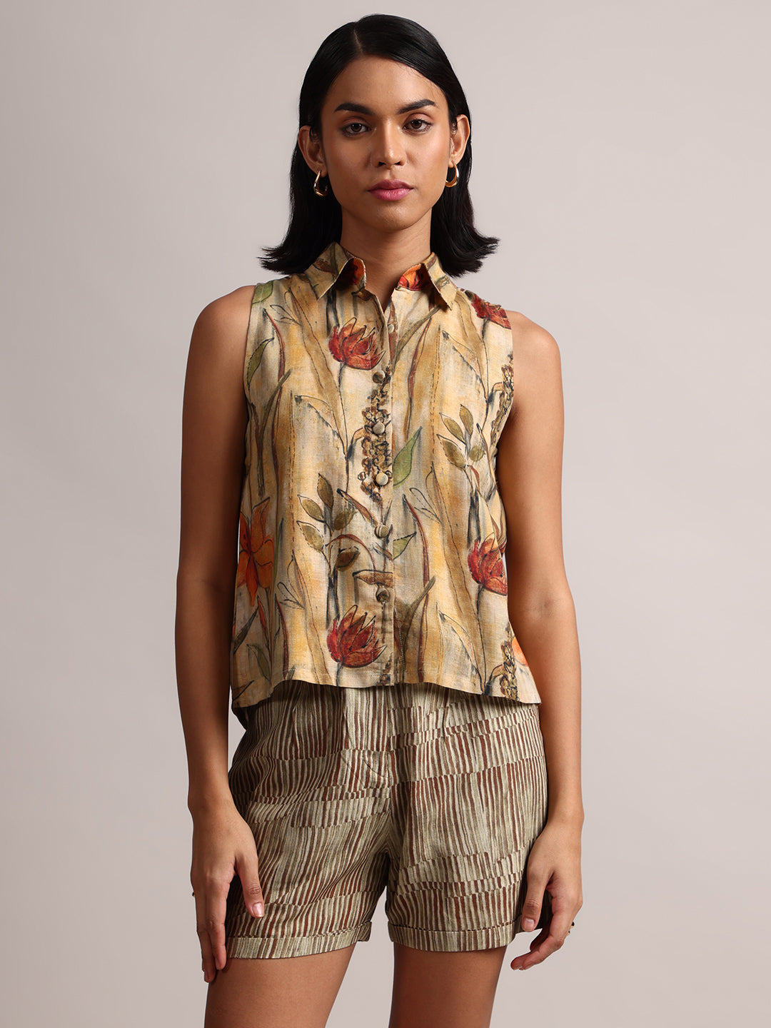 Beige Cotton Linen Floral Print Straight Co-Ord Set