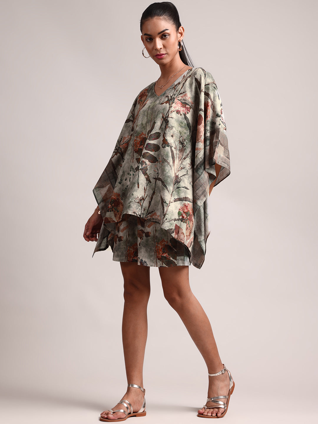 Grey Cotton Linen Floral Kaftan Co-Ord Set