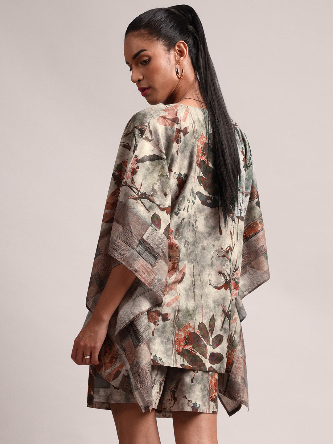 Grey Cotton Linen Floral Kaftan Co-Ord Set
