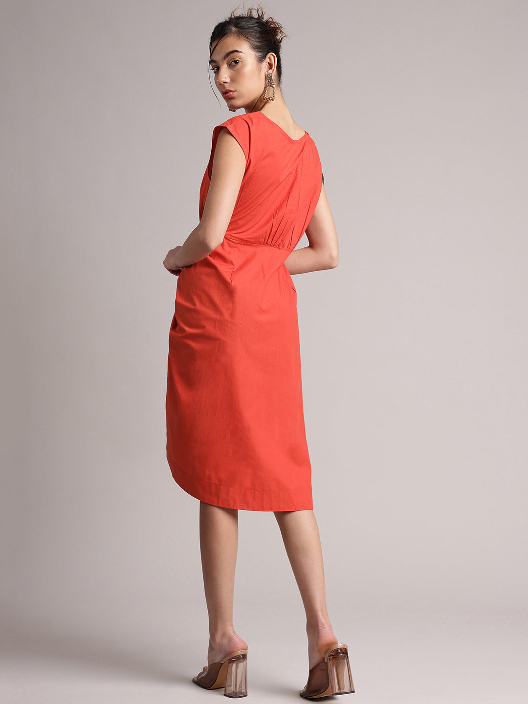 Rust Poplin Solid Ruching Style Dress